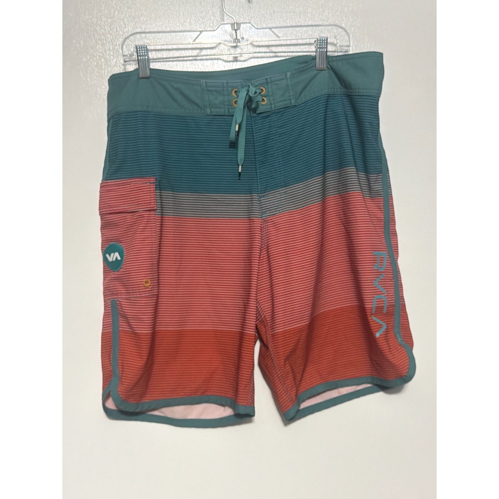 RVCA Mens Performance Stretch Board Shorts Size 36 Teal Orange Striped Trunks
